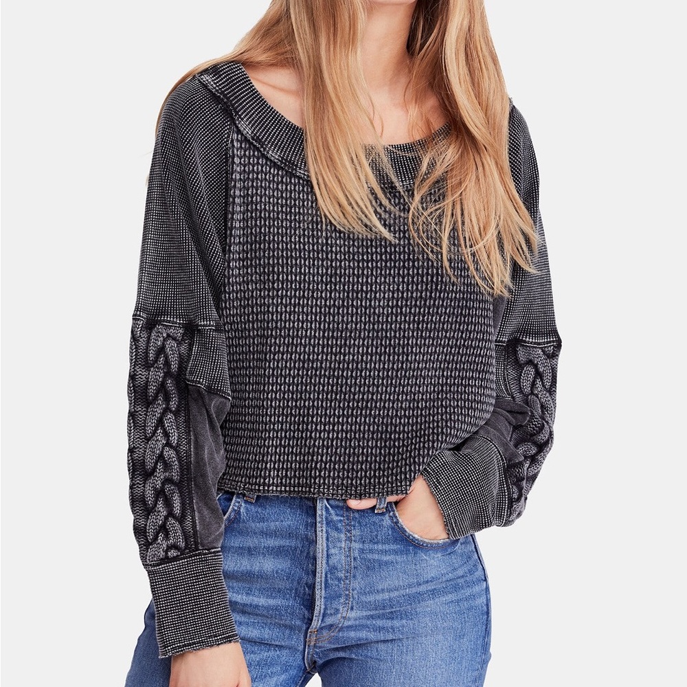 Free People Washed Black Josie Waffle Knit Top
